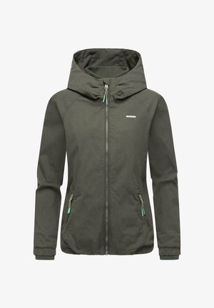 Groene lichte jas met capuchon, voorzien van een volledige ritssluiting, elastische manchetten en contrasterende ritsen. Gladde textuur en minimale merknaam.