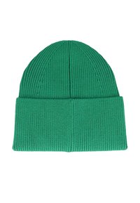 Zielona dzianinowa czapka z prążkowaną fakturą i podwiniętym mankietem. Posiada pionowe szwy oraz miękki, elastyczny materiał zapewniający ciepło.