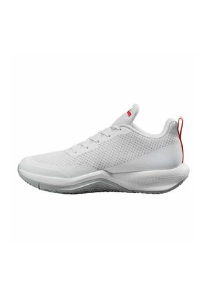 White athletic footwear featuring a mesh upper, textured detailing, a cushioned sole, and a red accent on the back heel tab.