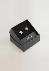 Ohrringe mit goldfarbener Beschichtung in Form von studs mit einem gedrehten Design, präsentiert in einer schwarzen rechteckigen Box mit weichem schwarzen Innenfutter und "NEXT"-Markierung.