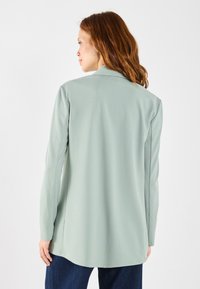 Light green, long-sleeve jacket with a smooth texture, laid-back design, and longer back hem. Features a collar and open front.
