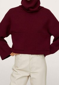 Burgunderfarbener Strickrollkragenpullover mit weit geschnittenen Ärmeln und zwei vorderen Taschen, der eine weiche Textur und ein kurzes Design aufweist. Kombiniert mit cremefarbenen Hosen.