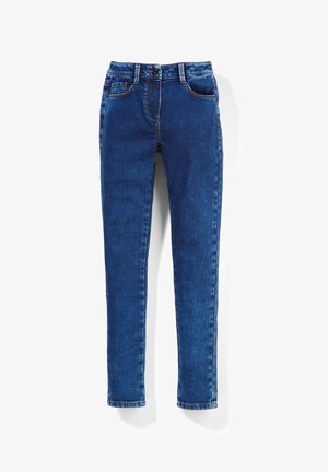 Úzké džíny v tmavě modrém denimu, s pěti kapsami, poutky na opasek a kontrastním šitím. Hladká textura s obepínajícím střihem.