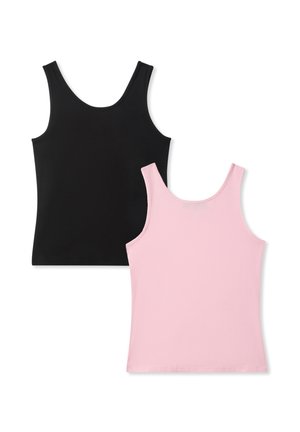 Canotte nere e rosa senza maniche con scollo rotondo, mostrate distese e sovrapposte su sfondo bianco.