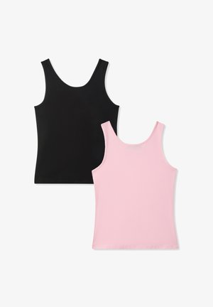 Canotte nere e rosa senza maniche con scollo rotondo, mostrate distese e sovrapposte su sfondo bianco.