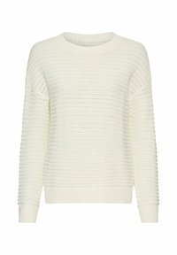 Witte gebreide sweater met een ronde hals, voorzien van een textuur ribbelpatroon en open steekpatronen. Lange mouwen met ribgebreide manchetten en onderkant.