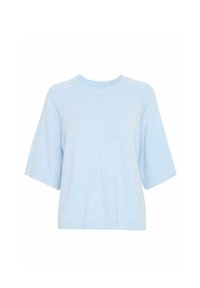 Světle modrý krátký pletený svetr s kulatým výstřihem a žebrovanými manžetami. Měkká struktura, pohodlný střih a jednoduchý design.