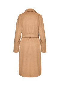 Tan wool overcoat with long sleeves, a wide collar, and a waist belt. The back features a straight cut and minimal detailing.