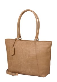 Tote bag van tan leer met krokodillenmotief, voorzien van twee korte handgrepen en een afneembare schouderriem. Heeft een logo-accent op een leren label.