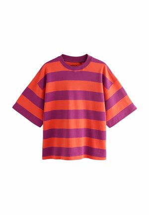 Orangefarbenes und lila kurzärmeliges T-Shirt mit breiten horizontalen Streifen, rundem Ausschnitt und lockerem Schnitt.