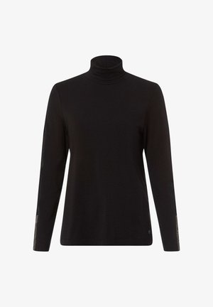 Maglietta nera a maniche lunghe con collo alto, dal taglio aderente e dettagli di strass discreti vicino ai polsini su entrambe le maniche.