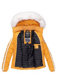 Gul, puffer-jakke med en aftagelig hætte med pelsfor, sort indvendig, hvide side-striber og flere indvendige lommer. Har mærkelabels.