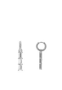Orecchini a cerchio in argento con una barra verticale decorata da tre accenti rettangolari e tre inserti di pietre trasparenti, creando un design geometrico.