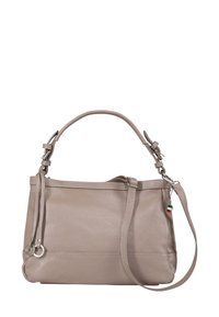 Weiche graue Ledertasche mit strukturiertem Oberflächen, doppelten Griffen, verstellbarem Schultergurt und einem kleinen Charme mit italienischer Flagge.