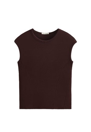 Top senza maniche color bordeaux realizzato in tessuto a costine con una silhouette aderente, con spalle sagomate e dettagli di cucitura a contrasto.