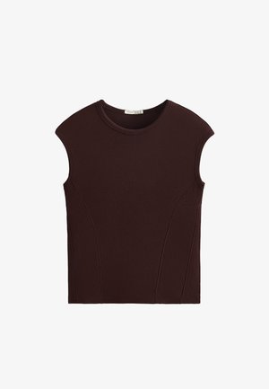 Top senza maniche color bordeaux realizzato in tessuto a costine con una silhouette aderente, con spalle sagomate e dettagli di cucitura a contrasto.