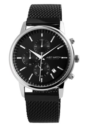 Schwarz Chronograph Uhr mit einem silbernen Edelstahlgehäuse, schwarzem Ziffernblatt, Mesh-Armband, drei Subzifferblättern und einem Datumsfenster auf sechs Uhr.