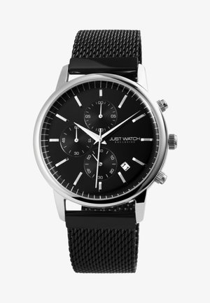 Schwarz Chronograph Uhr mit einem silbernen Edelstahlgehäuse, schwarzem Ziffernblatt, Mesh-Armband, drei Subzifferblättern und einem Datumsfenster auf sechs Uhr.