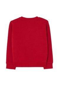 Ein einfarbig roter Langarm-Sweatshirt mit gerippten Bündchen, Saum und Rundhalsausschnitt, von hinten auf einem weißen Hintergrund gezeigt.