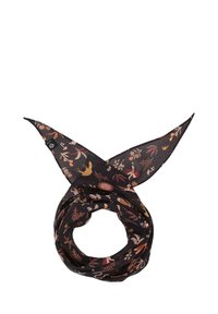 Sciarpa nera con motivi floreali e uccelli in tonalità di rosa, arancione e giallo. Tessuto leggero e setoso con punte appuntite.