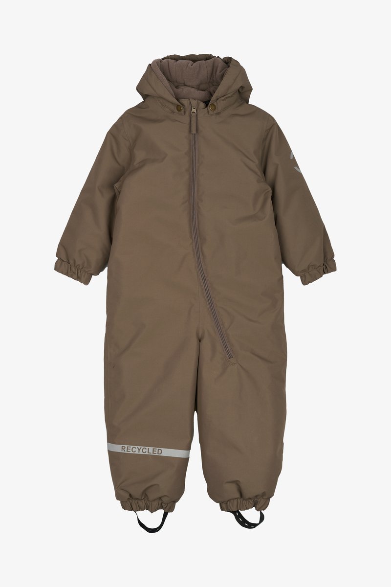 Brown padded one-piece snowsuit with a hood, zip closure, elastic cuffs, and a reflective "RECYCLED" band at the ankle. Made from recycled materials.