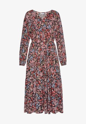 Midi-kjole med lange ærmer og V-udskæring, med elastisk talje, prydet med et tæt blomsterprint i rød, pink, blå og beige på sort baggrund.