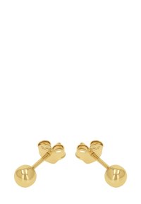 Guldpläterade kulörhänge med en slät, reflexiv yta. Enkelt design med en kort stift och ett säkert lås.