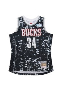 Black basketball jersey with mesh texture, featuring red "BUCKS" text and number "34" in white. Includes a tag with event date and details.