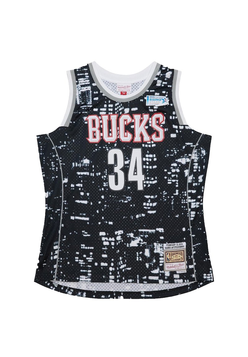 Black basketball jersey with mesh texture, featuring red "BUCKS" text and number "34" in white. Includes a tag with event date and details.