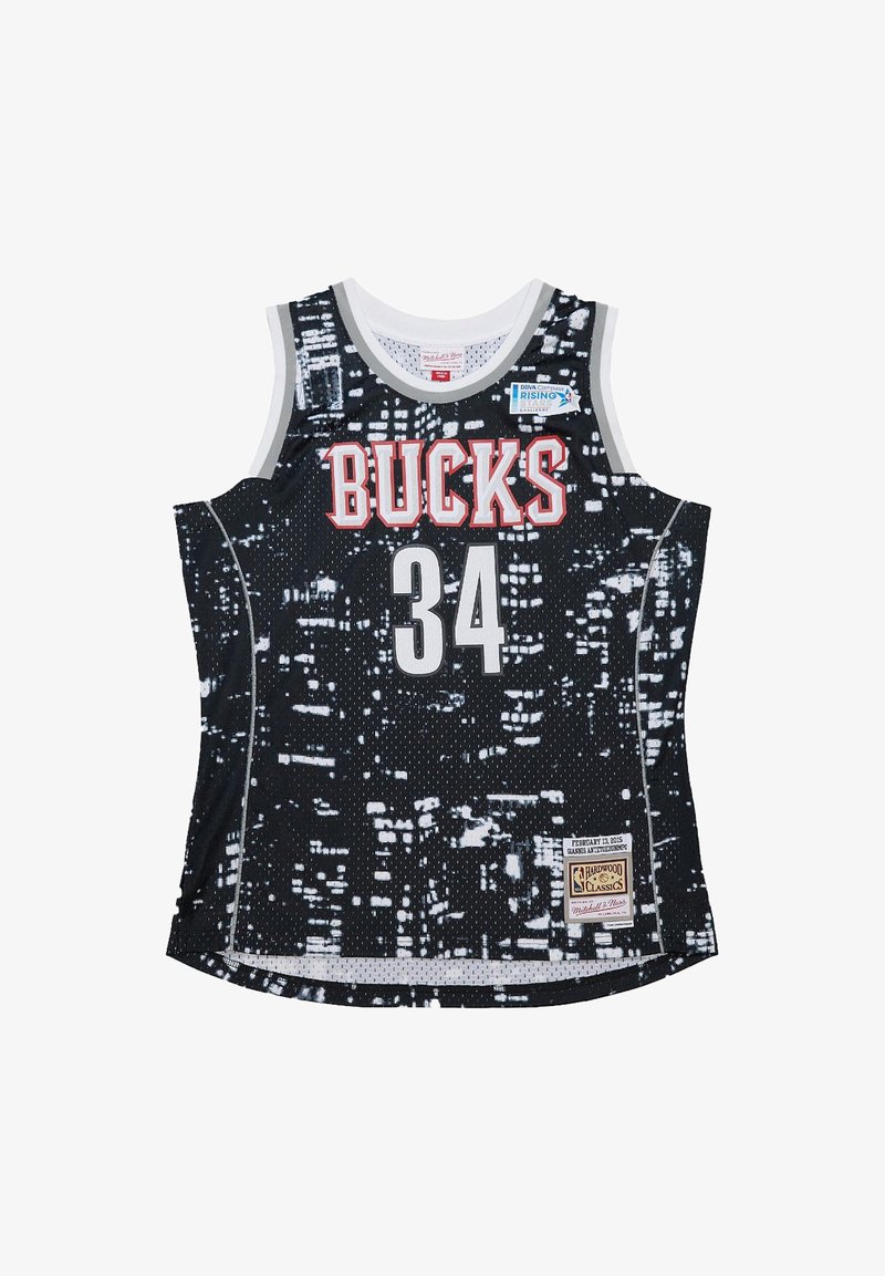 Schwarzes Basketballtrikot mit Netzstruktur, mit rotem "BUCKS"-Text und der Nummer "34" in Weiß. Enthält ein Etikett mit Datum und Einzelheiten der Veranstaltung.