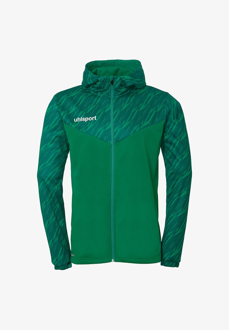 Grøn atletisk jakke med en tekstureret hætte og øverste del, der har en glat nedre del. Inkluderer en frontlynlås og uhlsport-logo.