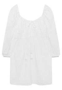 White, long-sleeve dress with puffed sleeves, round neckline, elastic waist, and drawstring with tassels, made from lightweight fabric.