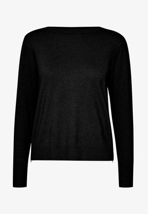 Schwarzer Strickpullover mit langen Ärmeln, weitem Ausschnitt, gerippten Bündchen und Saum. Verfügt über seitliche Reißverschlussdetails für ein zusätzliches Design.
