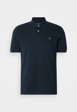 Marineblå polo skjorte laget av bomull, med en placket med tre knapper og brodert logo på brystet. Korte ermer og glatt tekstur.