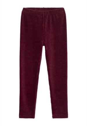 Burgundy ribbed velvet children's leggings with an elastic waistband and a slim fit design.