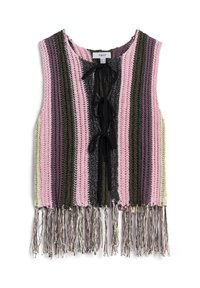Gilet lavorato a maglia con strisce rosa, verdi e nere, orlo frangiato e chiusura anteriore a fiocco. Presenta un design a trama aperta e texturizzata.