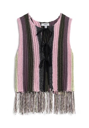 Gebreide vest in roze, groen en zwarte strepen met een franjerand en een sluiting met een strik aan de voorkant. Bevat een gemêleerd, open geweven ontwerp.