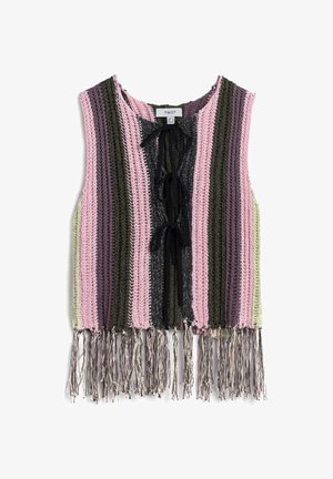 Gebreide vest in roze, groen en zwarte strepen met een franjerand en een sluiting met een strik aan de voorkant. Bevat een gemêleerd, open geweven ontwerp.
