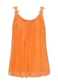 Orange ærmeløs top med draperet design, præget af blomsterdekorationer på skulderstropperne og et blødt, let stof.