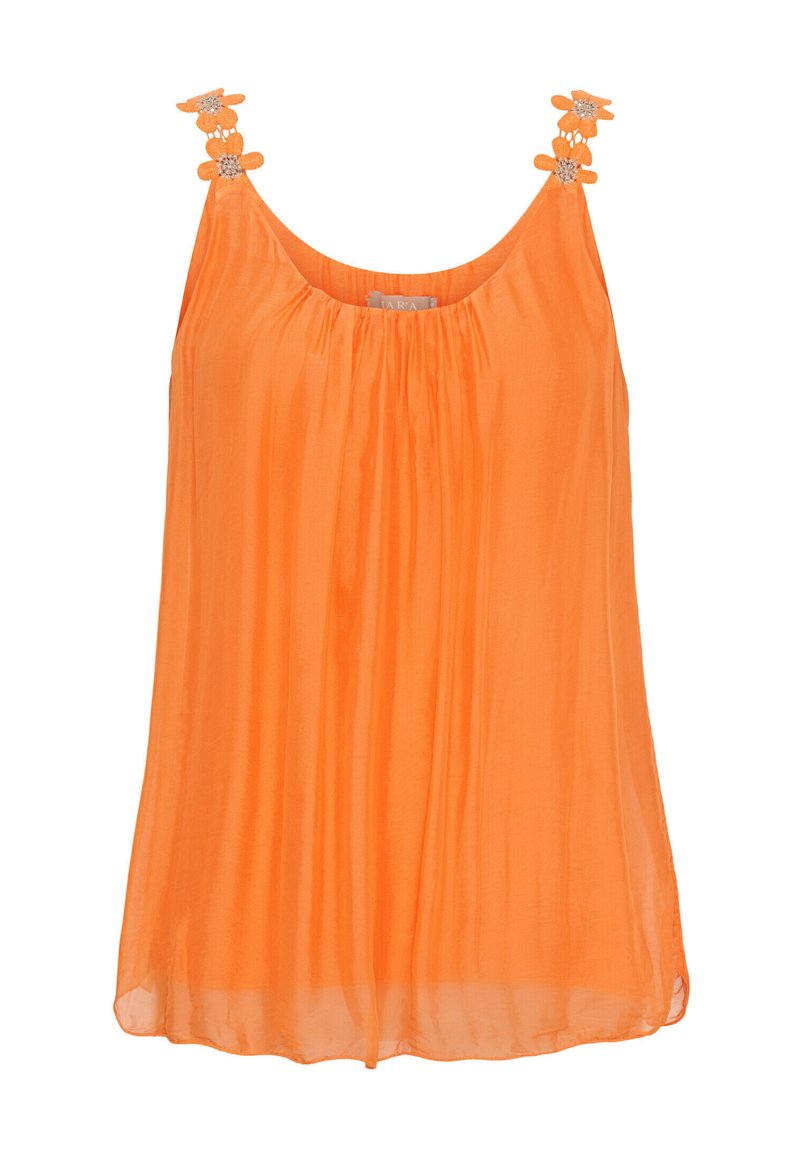 Orange ærmeløs top med draperet design, præget af blomsterdekorationer på skulderstropperne og et blødt, let stof.