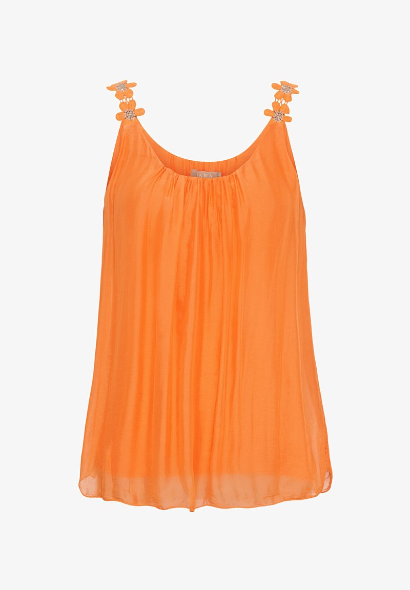 Orange ærmeløs top med draperet design, præget af blomsterdekorationer på skulderstropperne og et blødt, let stof.