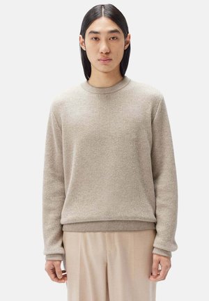 Beige strukturierter Strickpullover mit Rundhalsausschnitt und langen Ärmeln, ausgestattet mit gerippten Bündchen und Saum, kombiniert mit hellen Hosen.