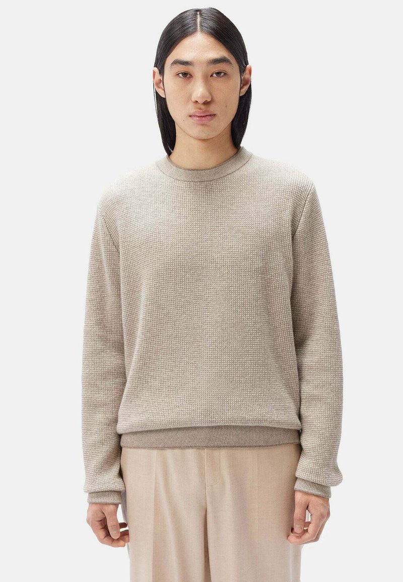 Beige strukturierter Strickpullover mit Rundhalsausschnitt und langen Ärmeln, ausgestattet mit gerippten Bündchen und Saum, kombiniert mit hellen Hosen.