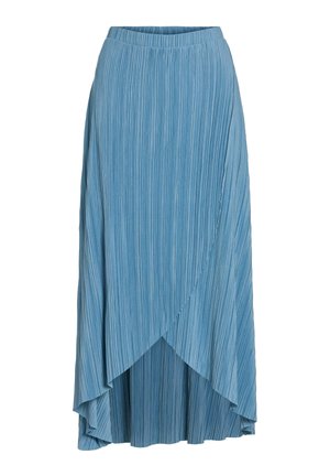 Svetlo modra nabrana midi krilo s prekrivajočimi sprednjimi paneli in rahlo asimetričnim robom.