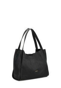 Bolso tote de cuero negro con dos asas, textura suave, parte superior abierta y un pequeño logo dorado en el frente. Diseño liso y sin adornos.