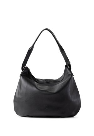 Black leather handbag with a curved shape, smooth texture, and a soft shoulder strap. Features a zip closure and a subtle logo detail.