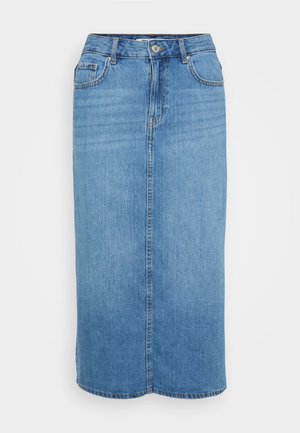 Jupe midi en denim bleu avec une fermeture à boutons sur le devant, cinq poches et une coupe droite. Présente un lavage décoloré et des détails cousus.