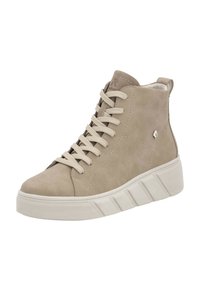 Beige high-top sneakers made of suede with light beige laces, a textured white sole, and a small accent logo on the side.