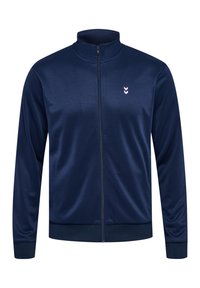 Giacca zip-up navy con colletto alto, realizzata in tessuto liscio. Presenta polsini e orlo a coste, e una logo bianco sul petto.