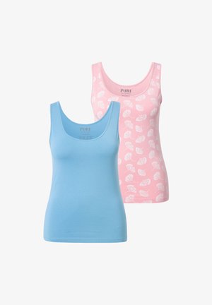 Due top donna: uno blu chiaro uniforme con una texture liscia e uno rosa con un motivo di foglie bianche. Entrambi hanno spalline larghe.